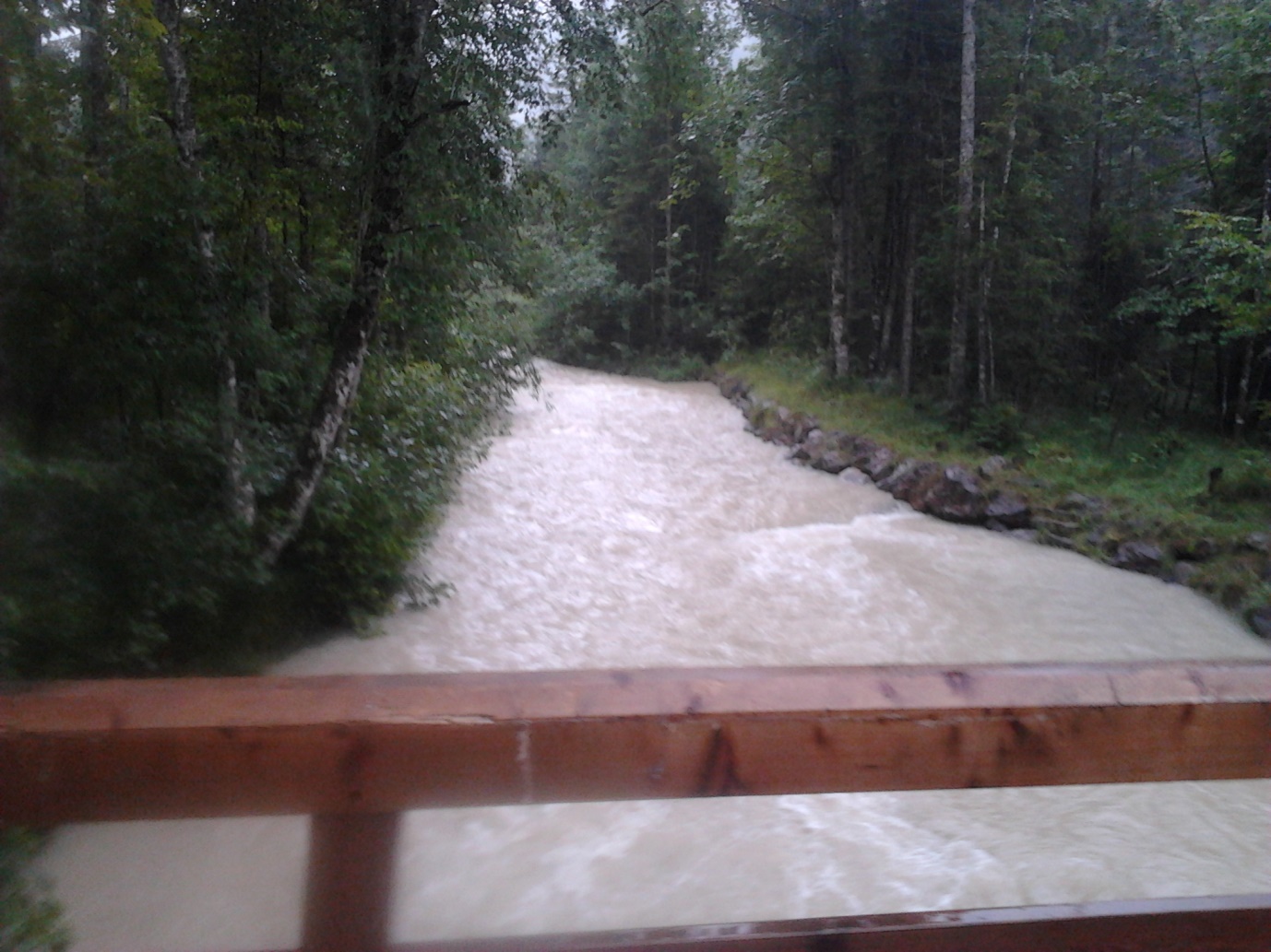 So much rain had fallen during the night that this stream had turned into a raging torrent.